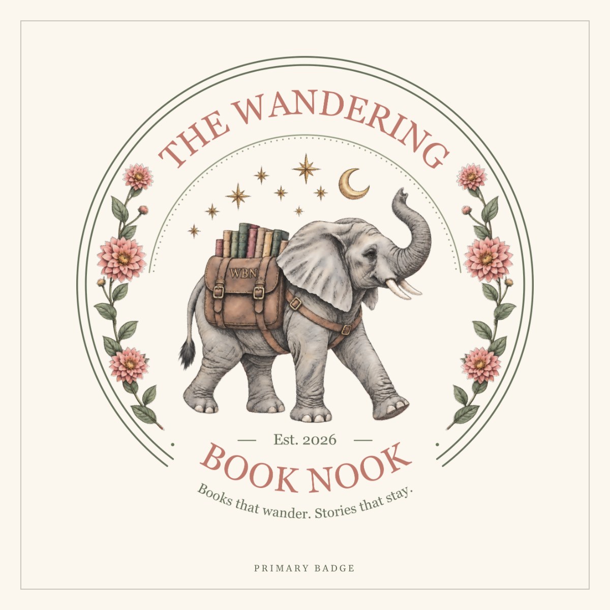 The Wandering Book Nook primary badge: an elephant carrying a satchel of books, framed by dahlias