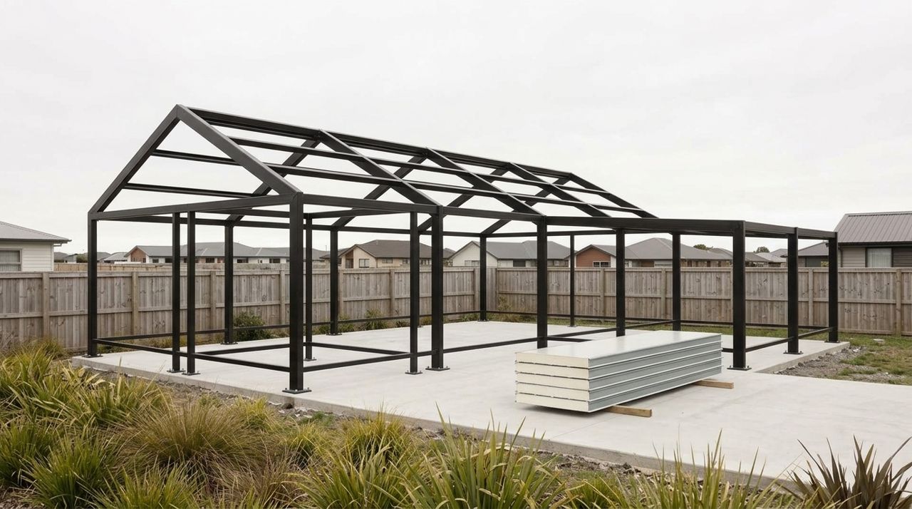 Concept render of a galvanised steel frame standing on a concrete slab
