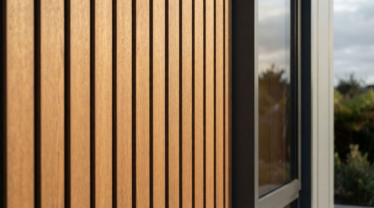 Concept render of wood-plastic composite slat cladding