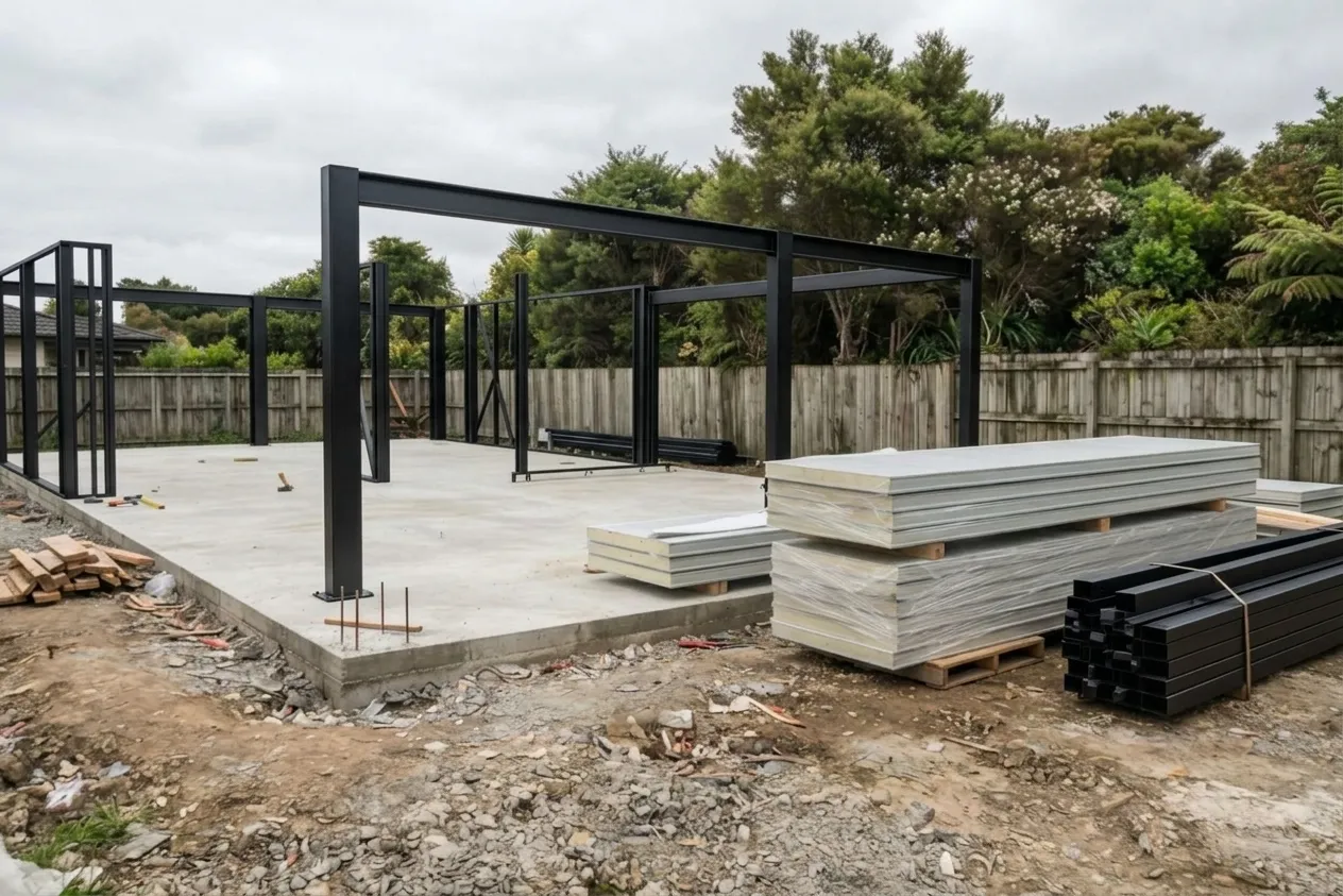 Concept render, black steel frame on a slab with wall panels stacked on site