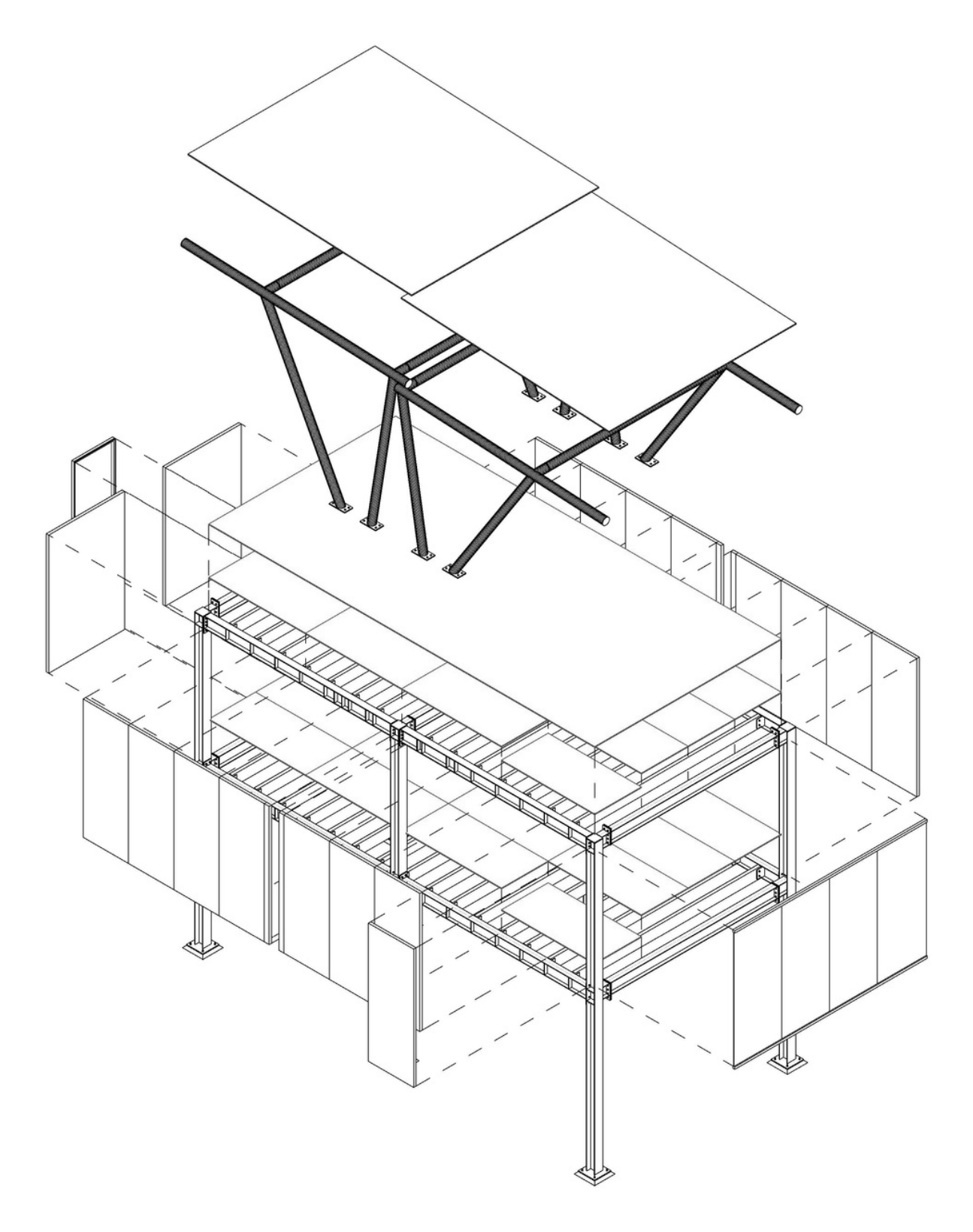 Exploded drawing of the module showing frame, wall panels and canopy as separate layers