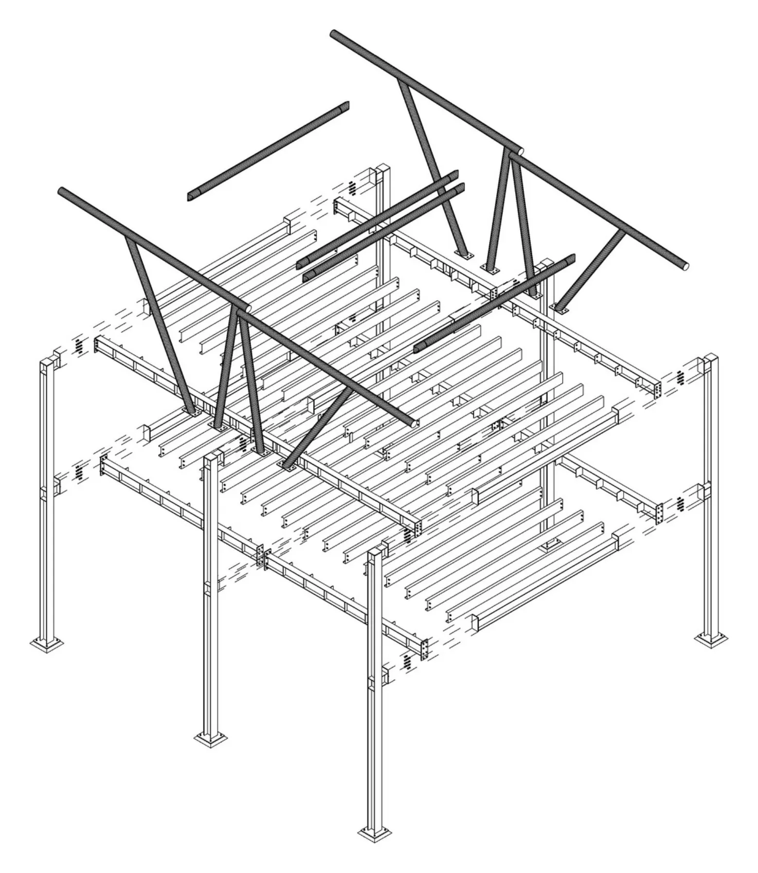 Exploded drawing of the steel frame: columns, floor beams and roof rafters