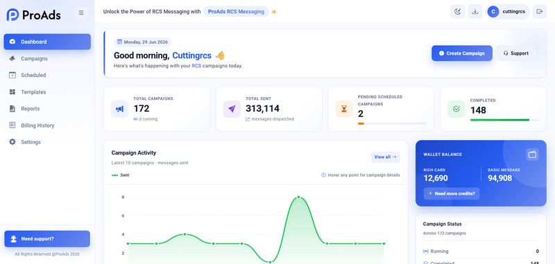 ProAds messaging dashboard showing campaign and reporting information
