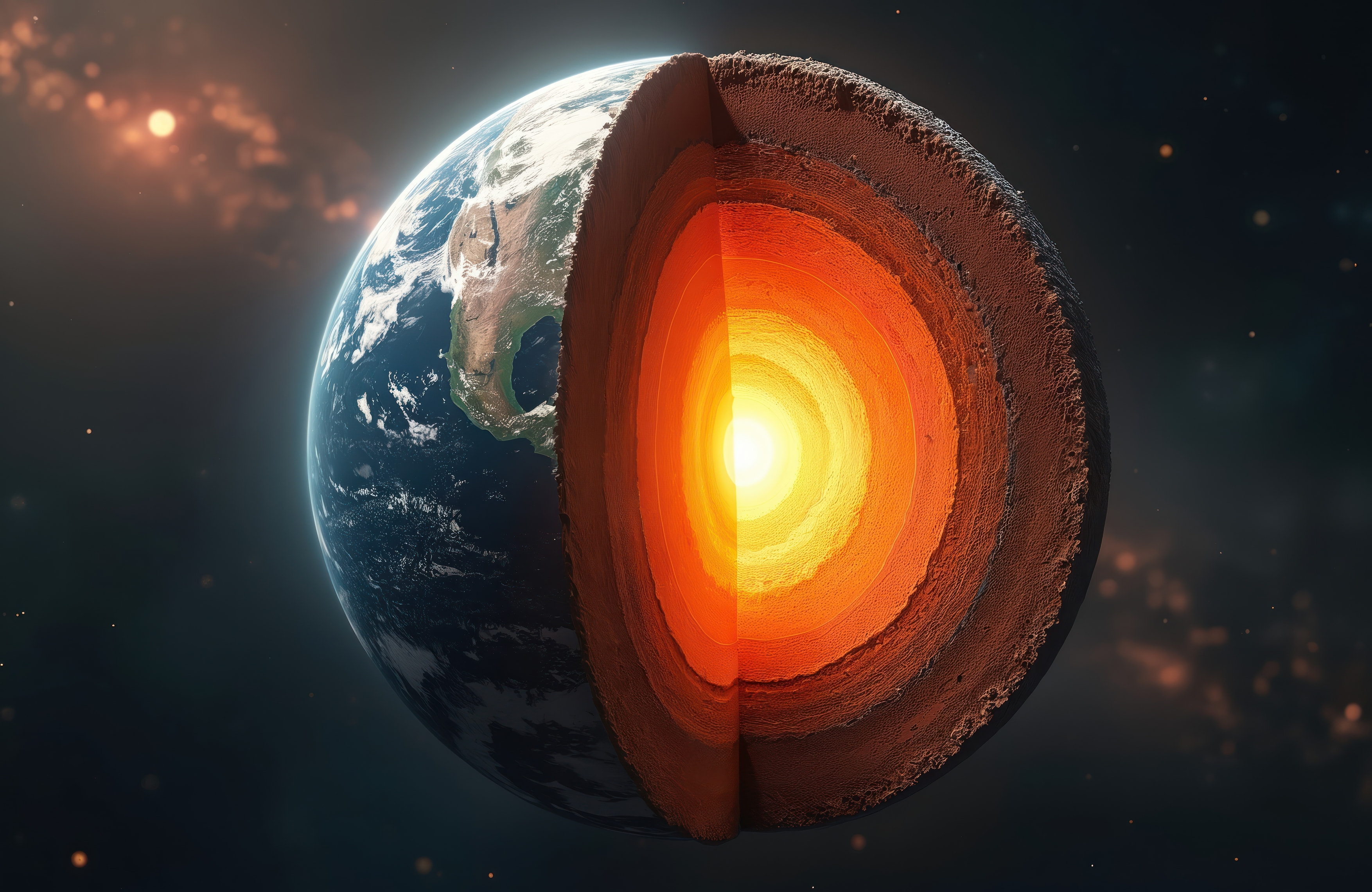 Cinematic Earth cross-section revealing a glowing engineering core