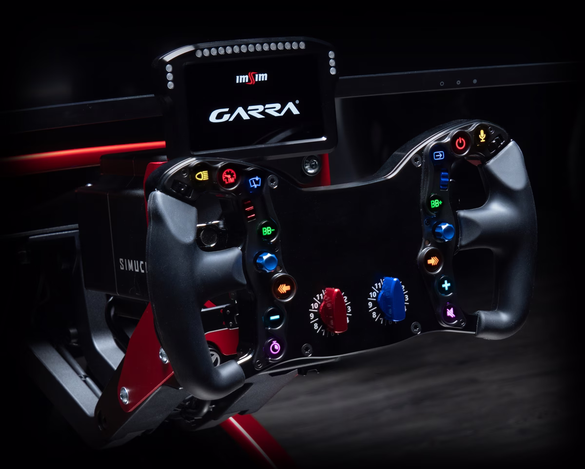 The steering wheel and dashboard of an ImSim GARRA.