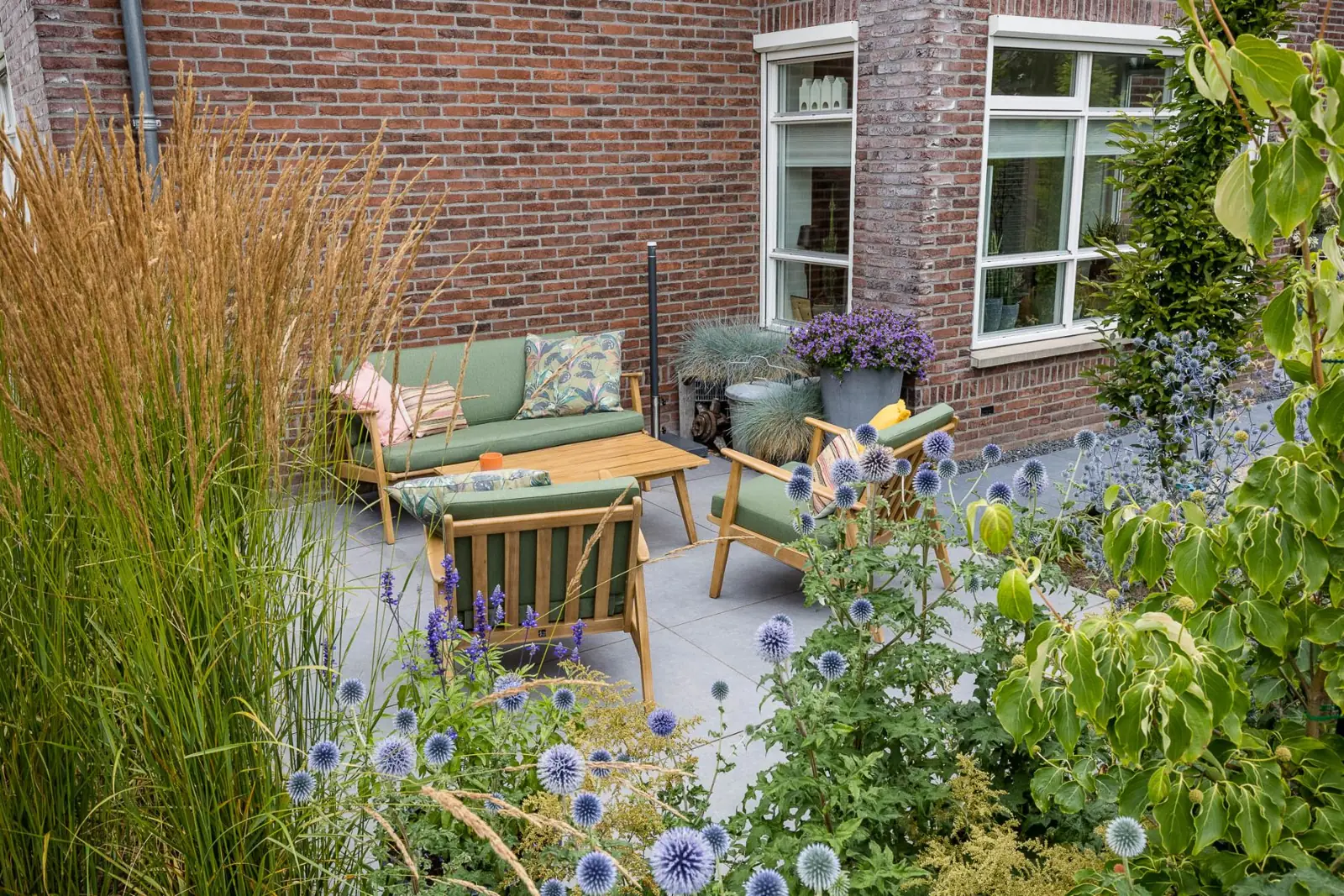 Loungeset kogeldistel siergras in een tuin in Dalfsen