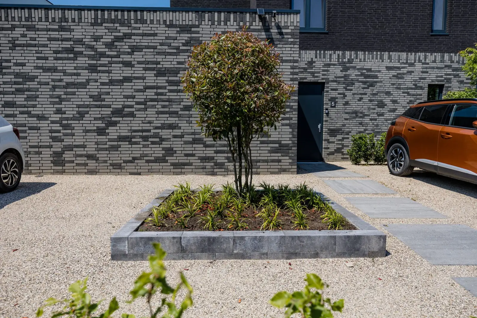 Verhoogd plantvak met glansmispel en zegge in de voortuin van grind in Almere