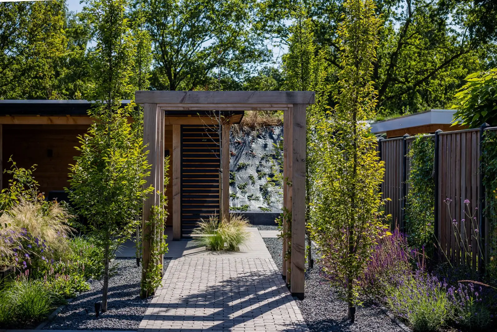 Houten pergola met zuilbomen en de overkapping achterin de tuin in Dalfsen