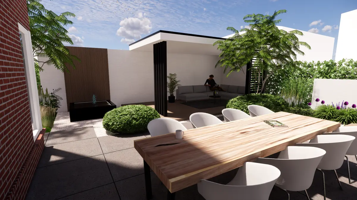 Tuinontwerp Mecklenfeld tuinen: eettafel terras overkapping watertafel stadstuin