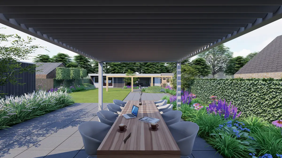 Tuinontwerp Mecklenfeld tuinen: lamellendak overkapping eettafel borders