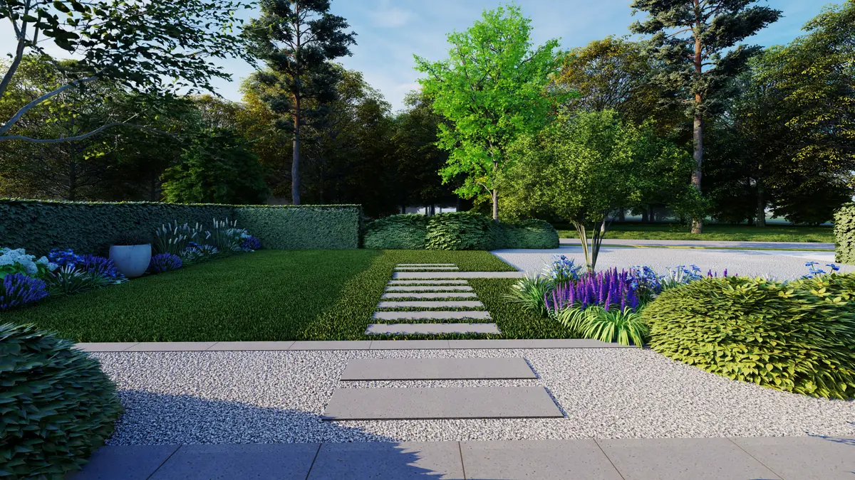 Tuinontwerp Mecklenfeld tuinen: voortuin stapstenen grind borders