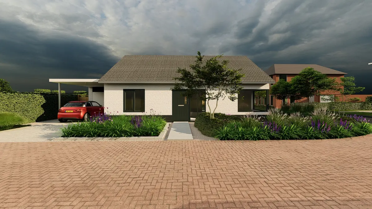 Tuinontwerp Mecklenfeld tuinen: voortuin bungalow klinkeroprit borders