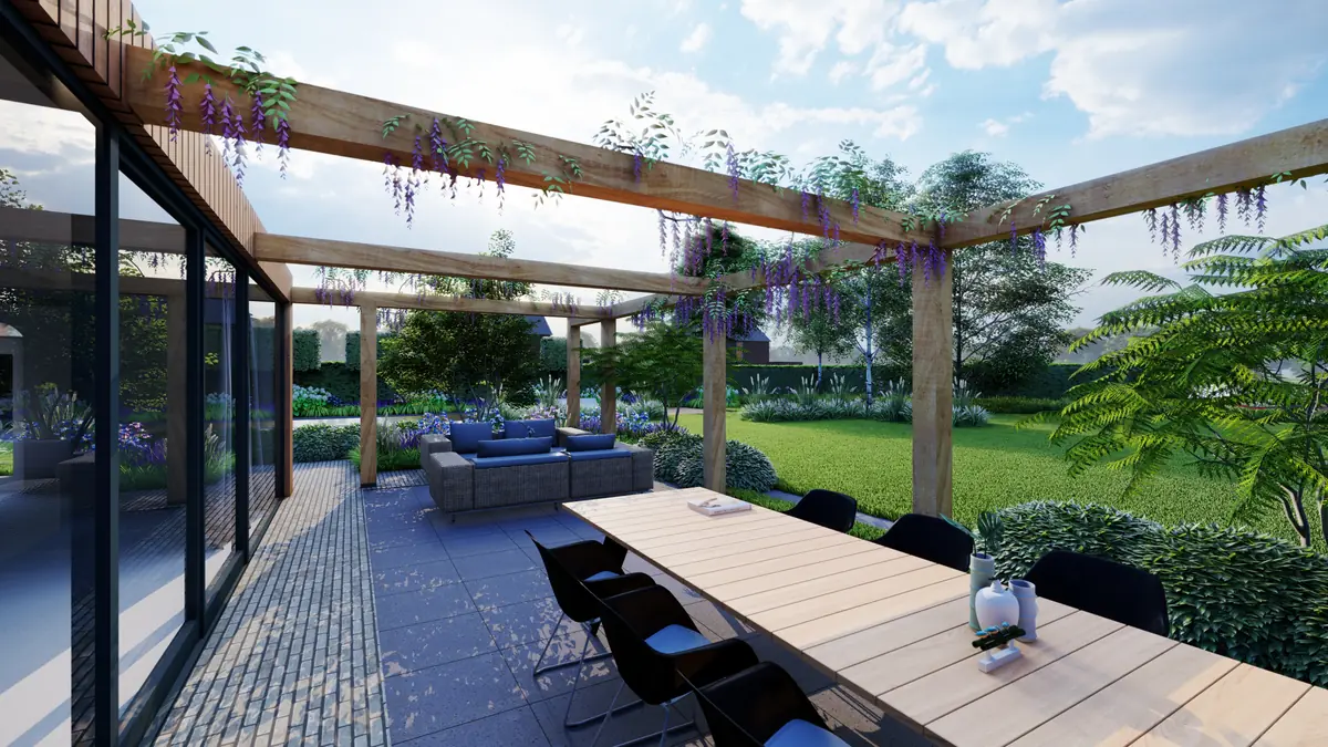 Tuinontwerp Mecklenfeld tuinen: terras lange eettafel pergola lounge