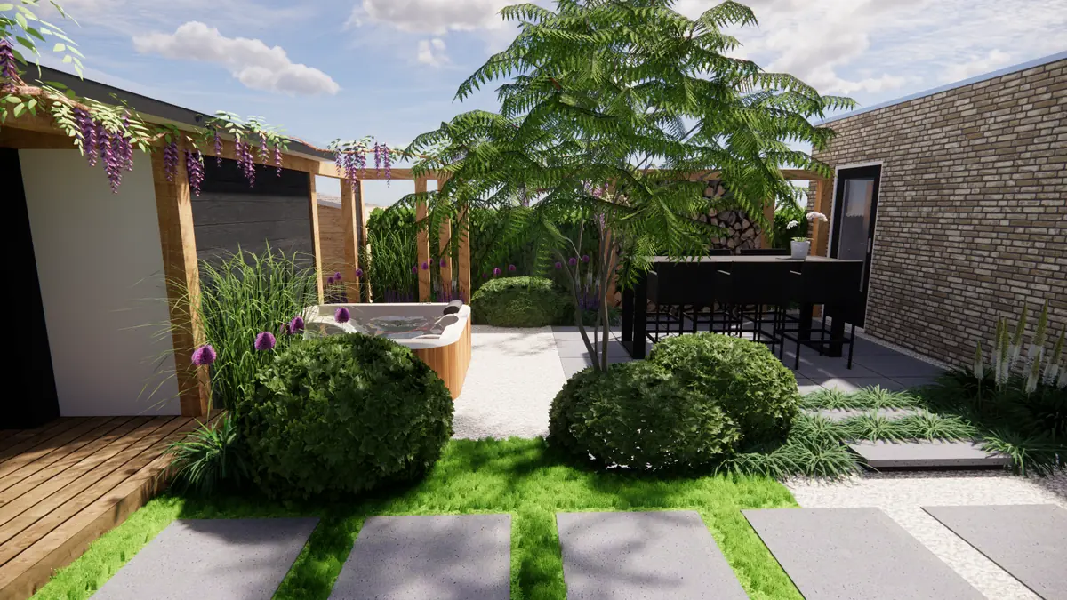 Tuinontwerp Mecklenfeld tuinen: stadstuin jacuzzi stapstenen gazon blauwe regen