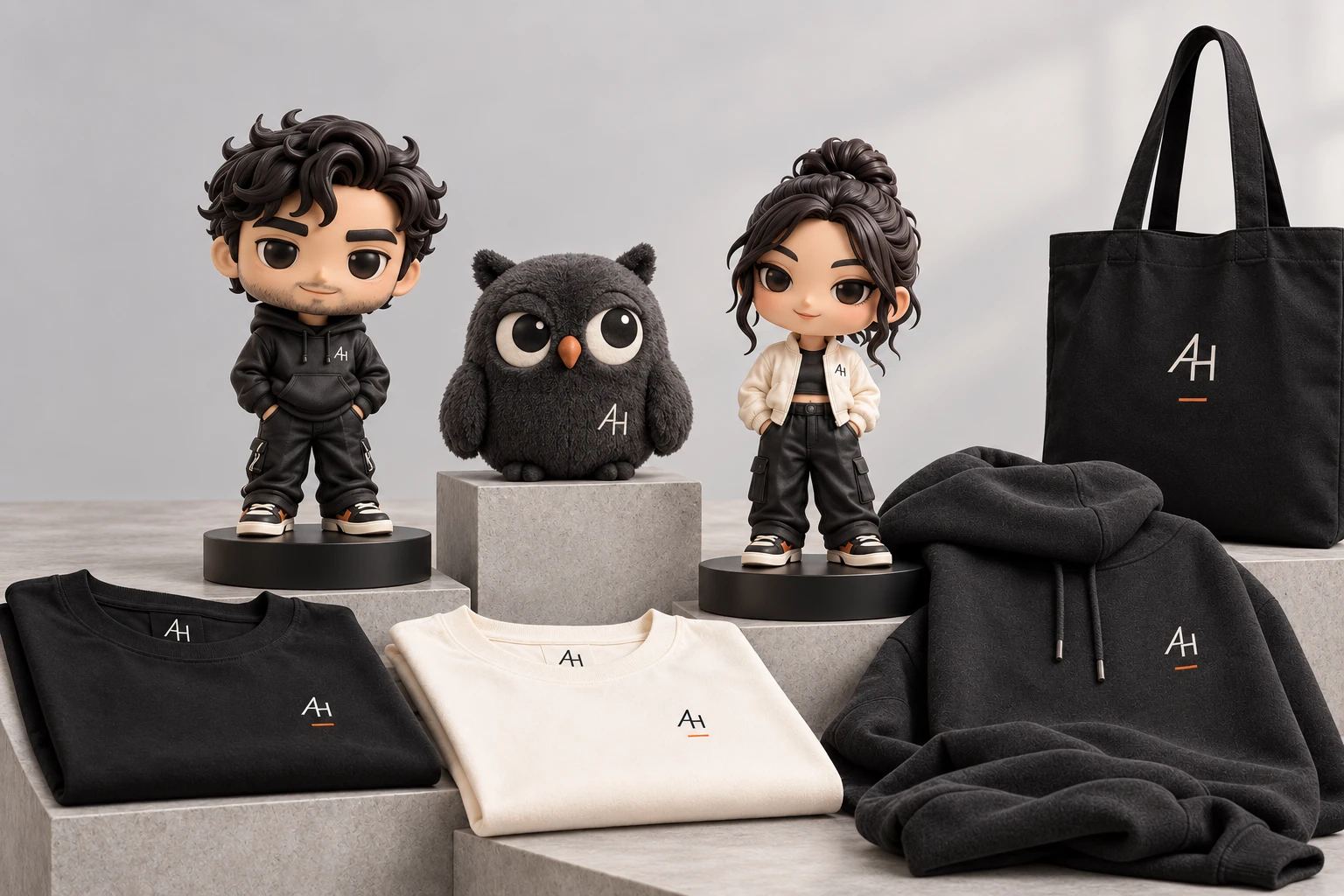 Creator-brand collectible figures, owl plush and matching apparel