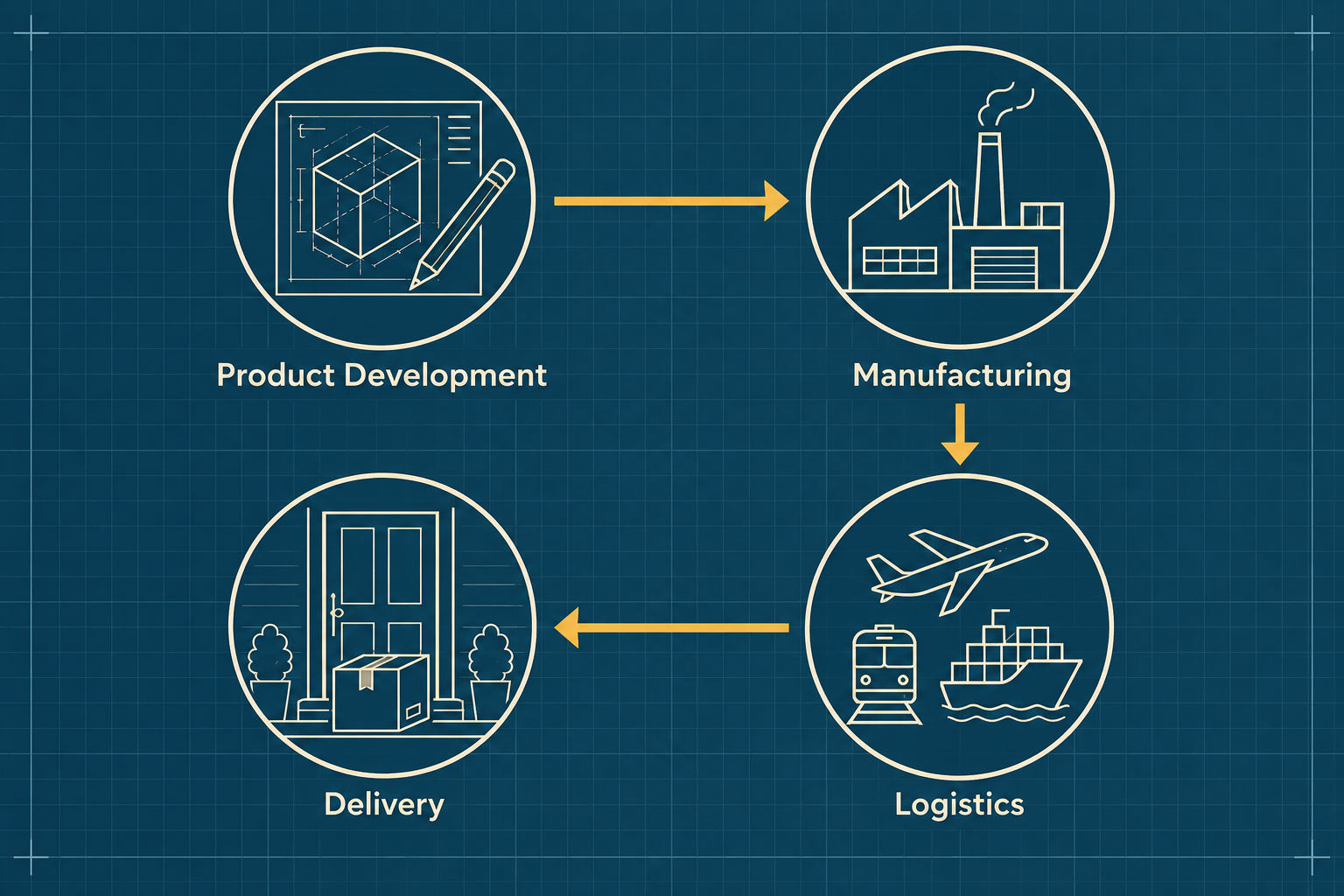 Blueprint route from manufacturing through freight, transport, warehousing and delivery