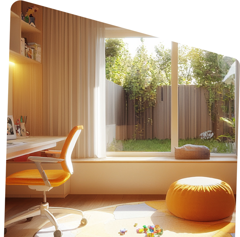 A sunlit children's study room by The Baby Atelier, with a wooden desk, orange chair and floor pouf