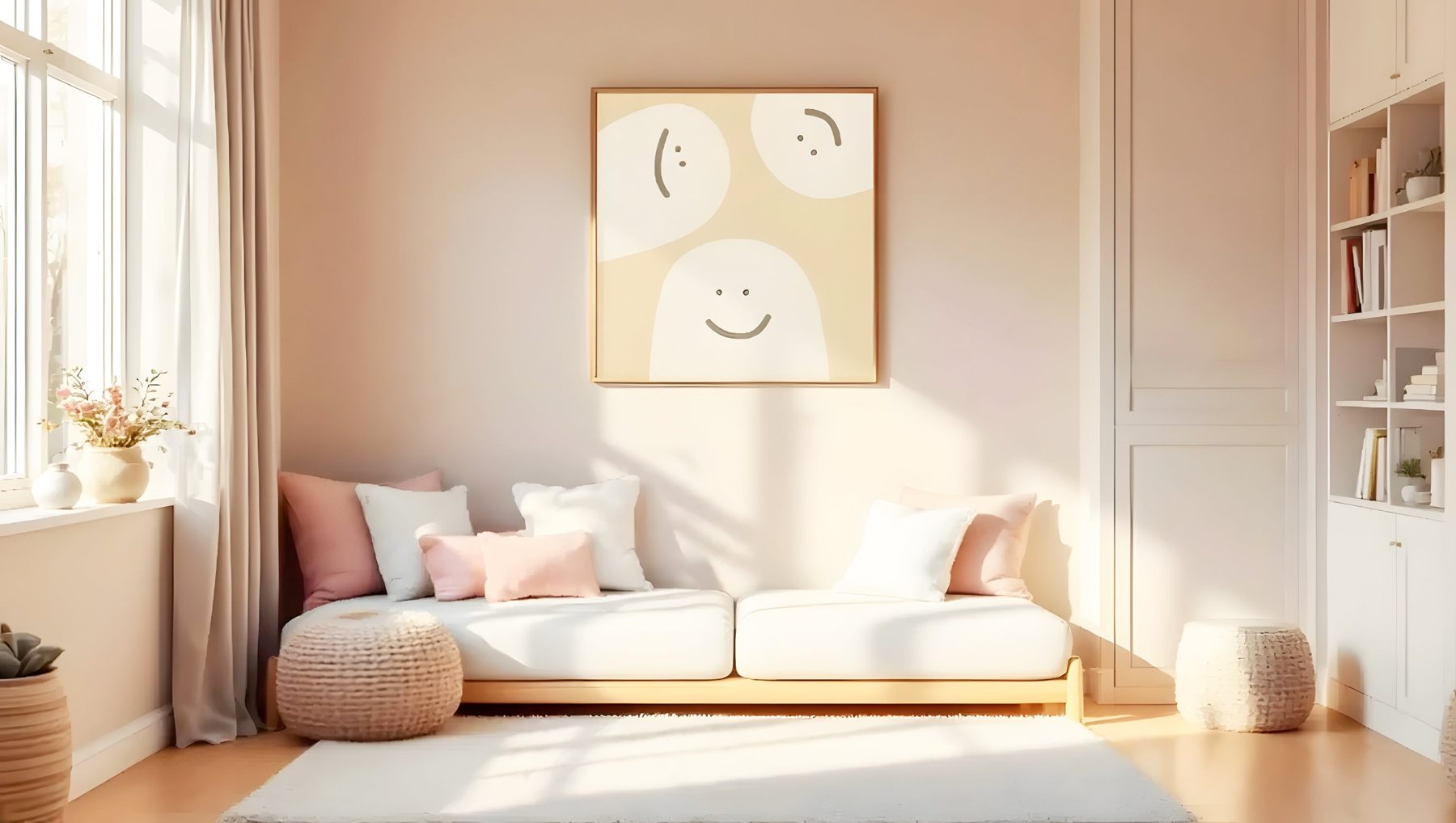 A calm, light-filled children's room with a low daybed, soft cushions and built-in shelves