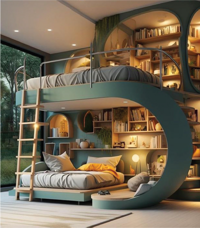 A loft bed with a reading den and built-in bookshelves