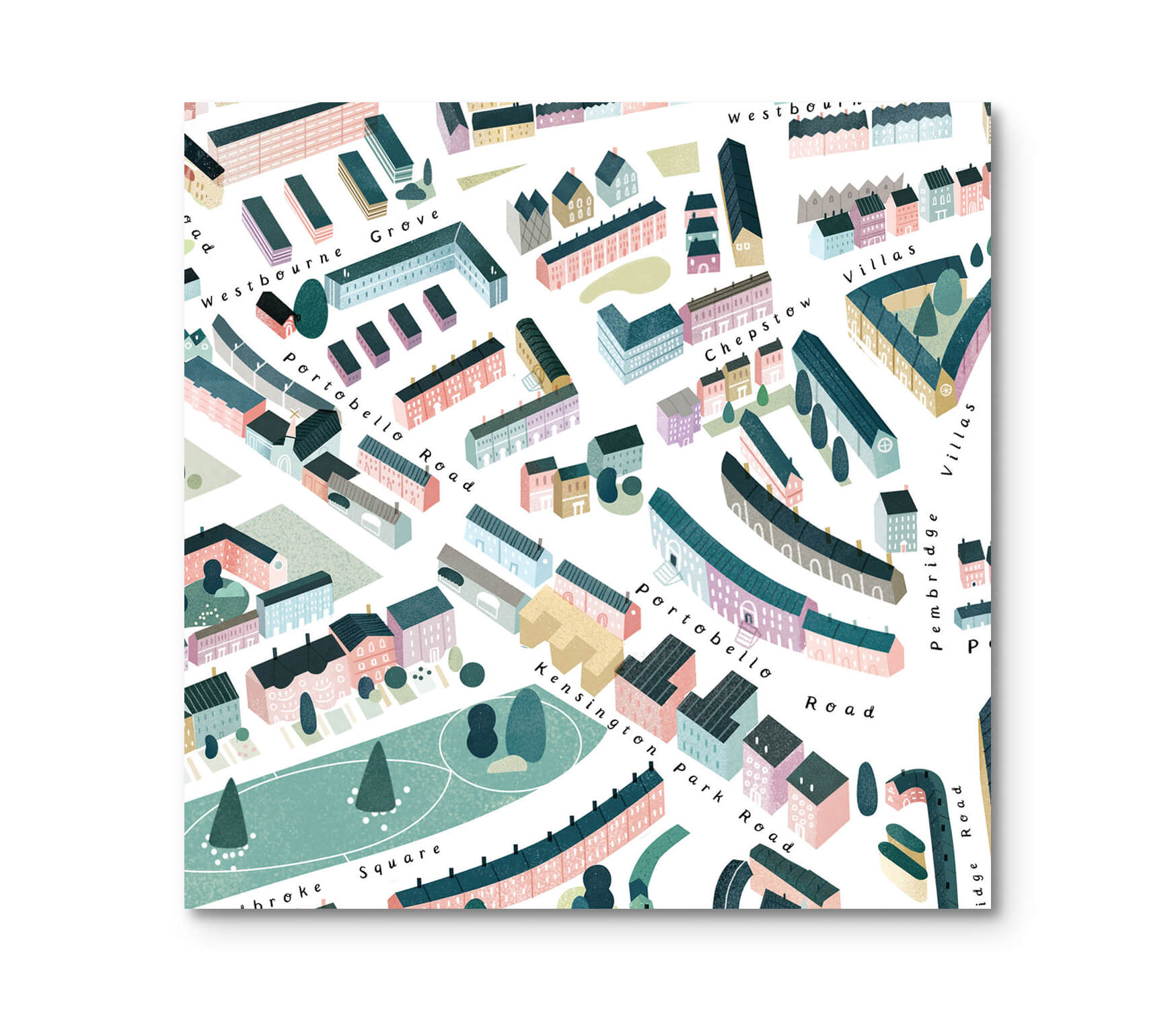 Detalle del mapa ilustrado de Notting Hill, con Portobello Road y sus fachadas de colores
