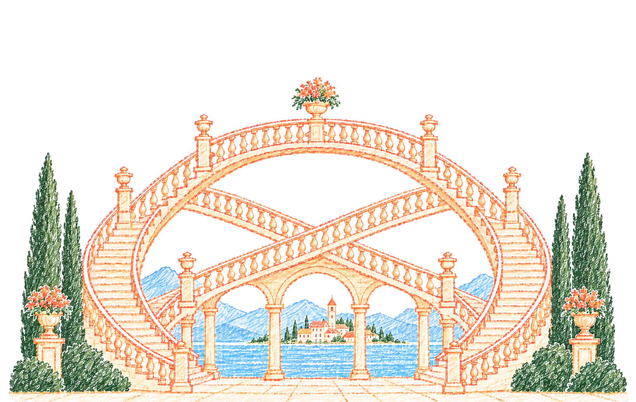 Illustration of an ornate stone double staircase with arches and balustrades, crossing diagonally and curving upwards on both sides, framed by tall green trees and flower pots, with a body of water and a scenic island with buildings and mountains in the background.