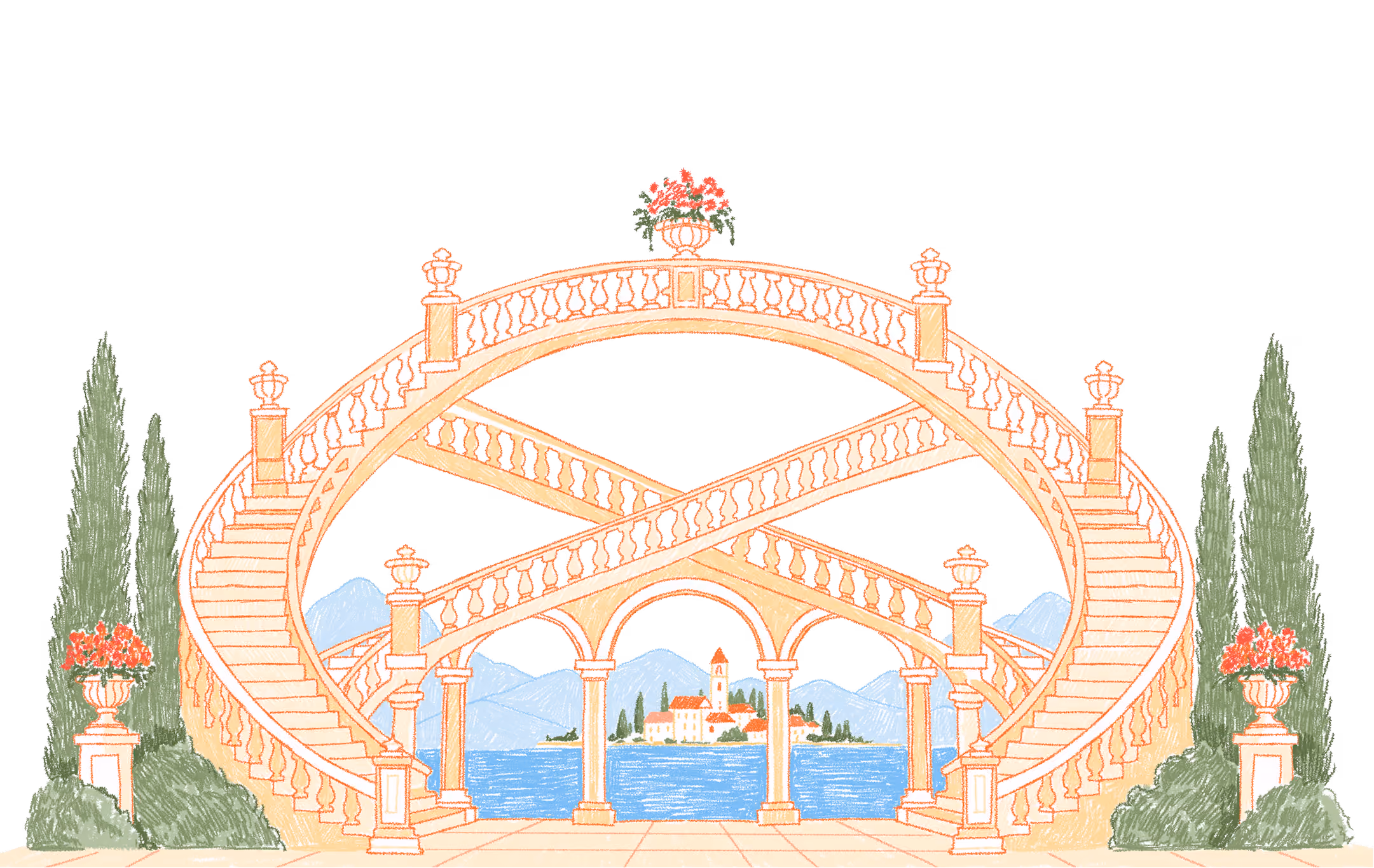 Illustration of an ornate stone double staircase with arches and balustrades, crossing diagonally and curving upwards on both sides, framed by tall green trees and flower pots, with a body of water and a scenic island with buildings and mountains in the background.