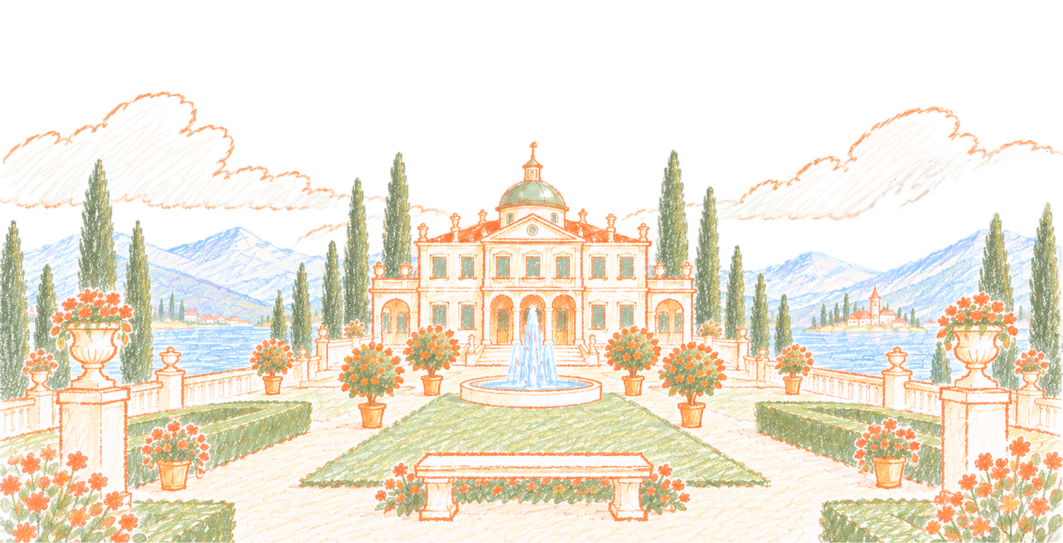 Illustration of a grand villa with a central dome, surrounded by tall cypress trees, symmetrical gardens with red flowers in pots and hedges, and a central fountain, set against blue mountains and a lake under a partly cloudy sky.