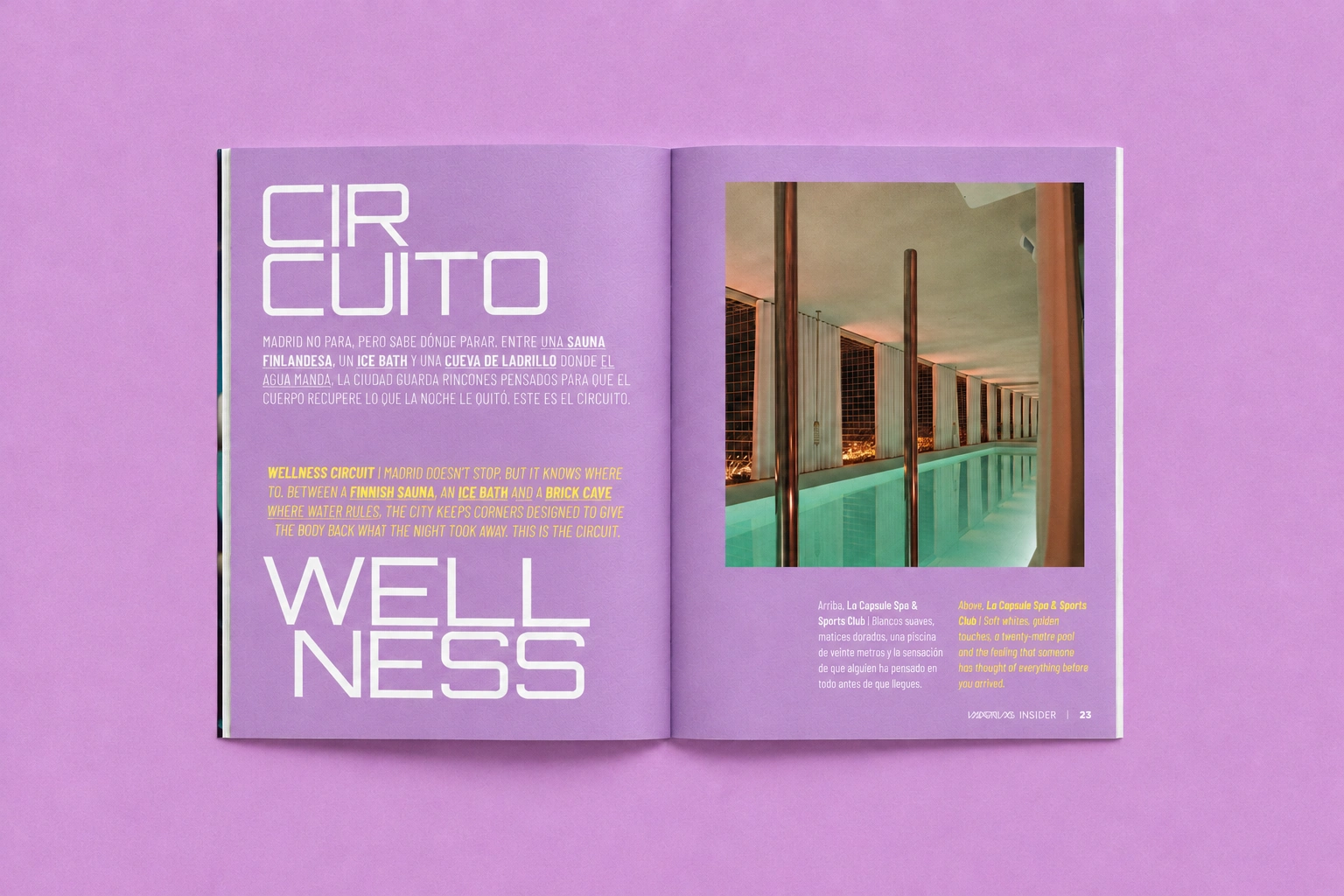 Interior del circuito Wellness de Insider Madring sobre fondo lila