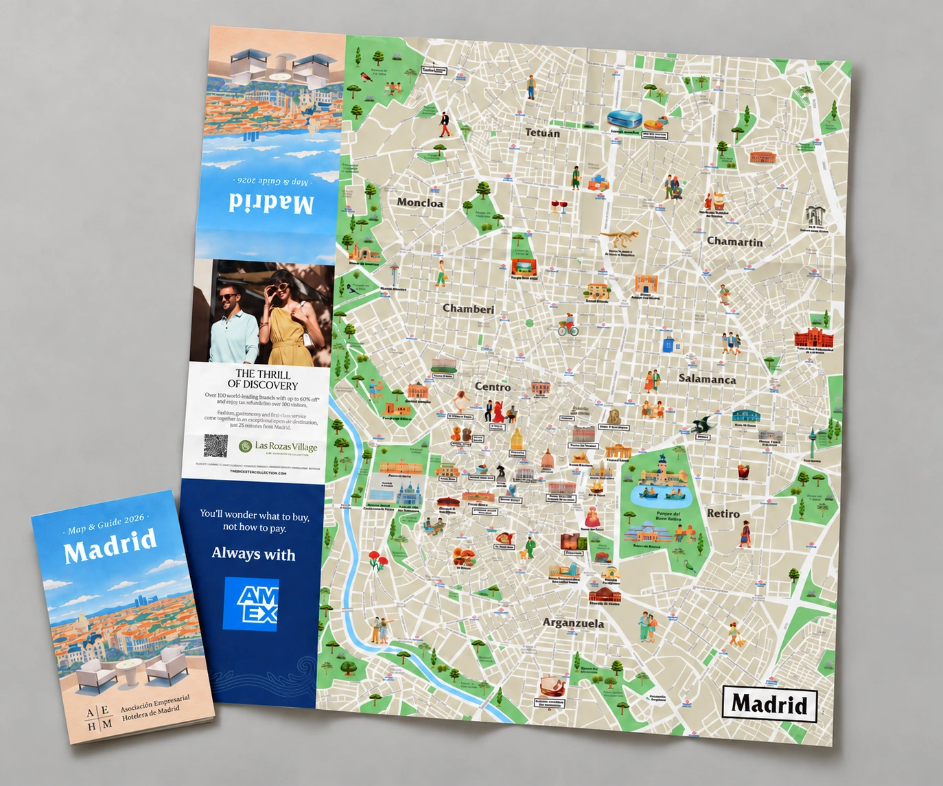 Mapa de Madrid y guía plegada para AEHM, sin margen blanco
