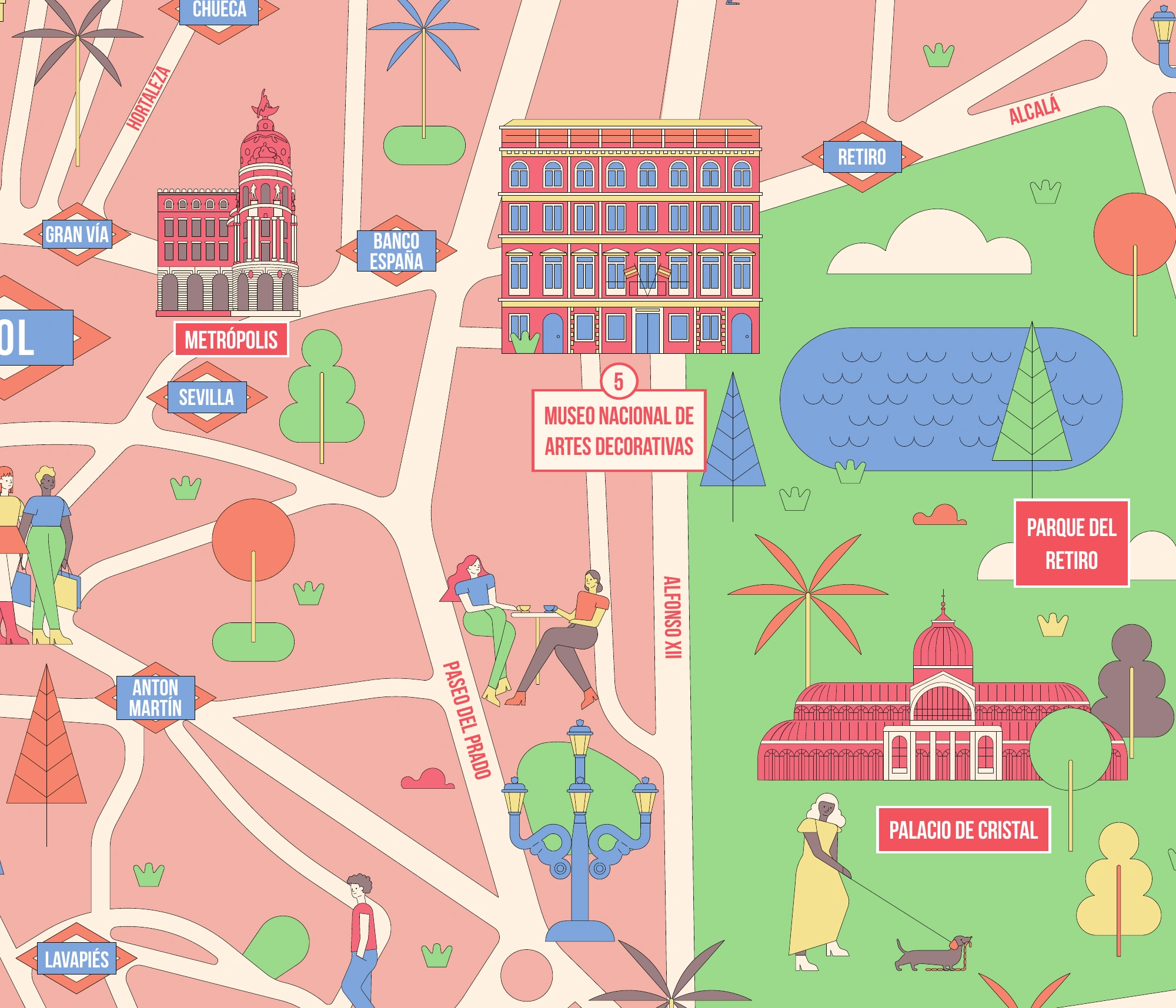 Cinco Museos, Otro Madrid: detalle del plano original con Metrópolis, Artes Decorativas y el Retiro