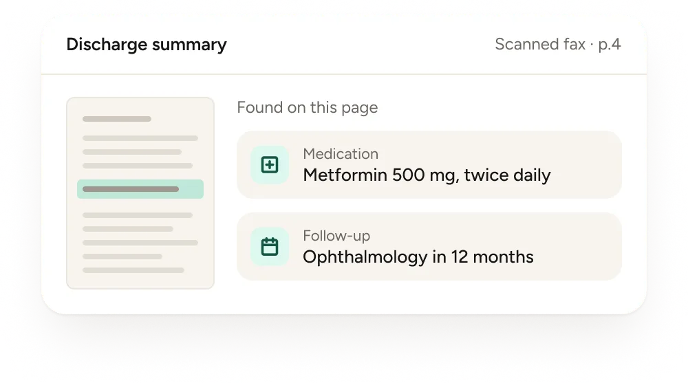 Scanned discharge summary with Metformin 500 mg twice daily and an ophthalmology follow-up extracted from page 4