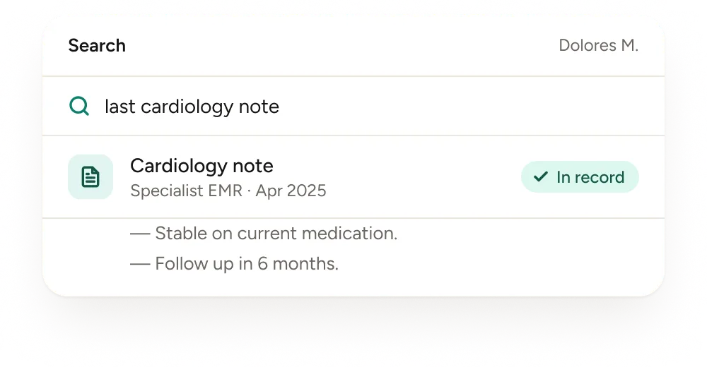 Search for last cardiology note returning the specialist note already in the record