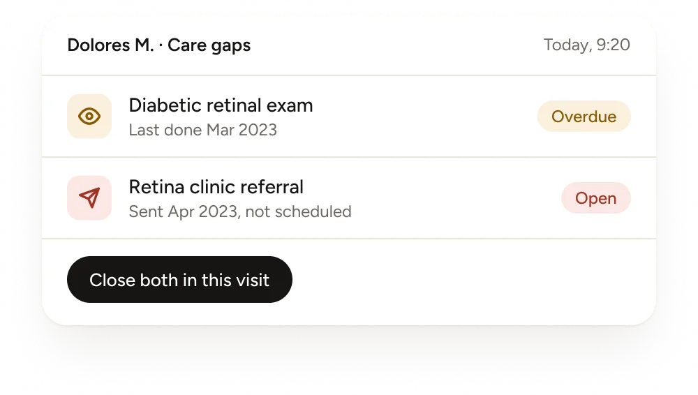 Care gaps for Dolores M.: overdue diabetic retinal exam and open retina clinic referral, with a Close both in this visit button