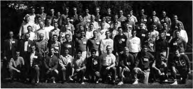 The YMCA Freshman Weekend at Lake Bloomington, fall 1961. In the second row from the left are Ed Nestingen, Dean Fred Turner and R. Rankin of the Danforth Foundation. From Scott J. Peters, The Promise of Association (1997).