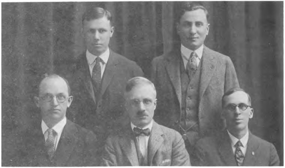 The University YMCA staff in 1924. Front, left to right: M. I. Coldwell, Henry Wilson and C. D. Hayes; back: Harold Colvin and Grover Little. From Harold W. Hannah, One Hundred Years of Action (1973).