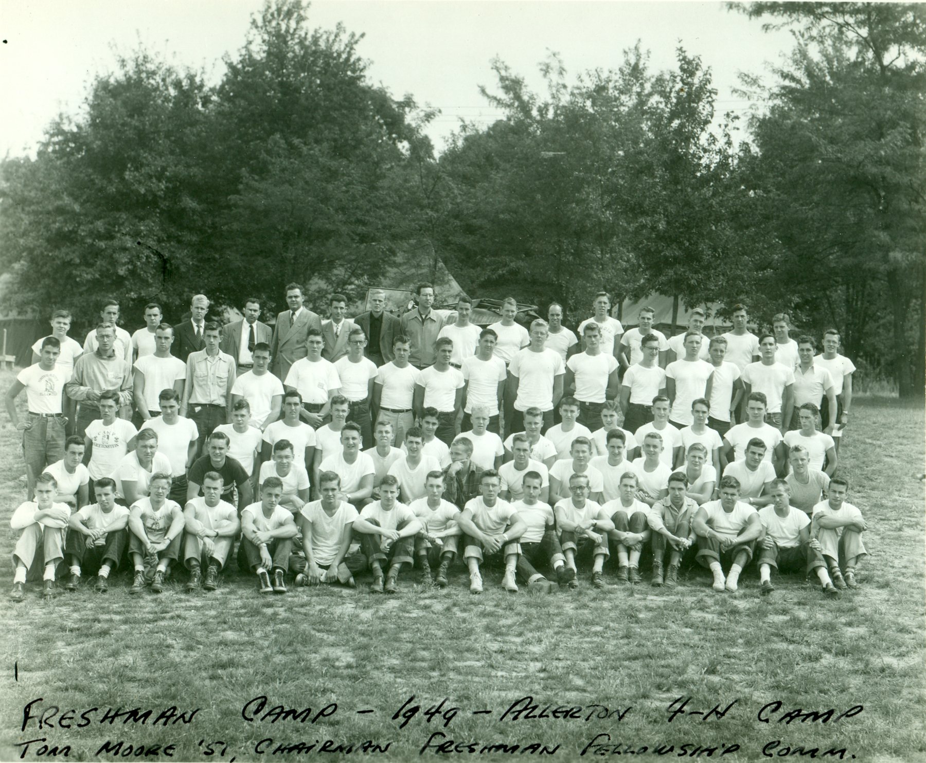 Freshman Camp at the Memorial 4-H Camp, Robert Allerton Park. The print is labeled "Freshman Camp – 1949 – Allerton 4-H Camp" and names Tom Moore '51, chairman of the Freshman Fellowship Committee. Photograph from the University YMCA's files.