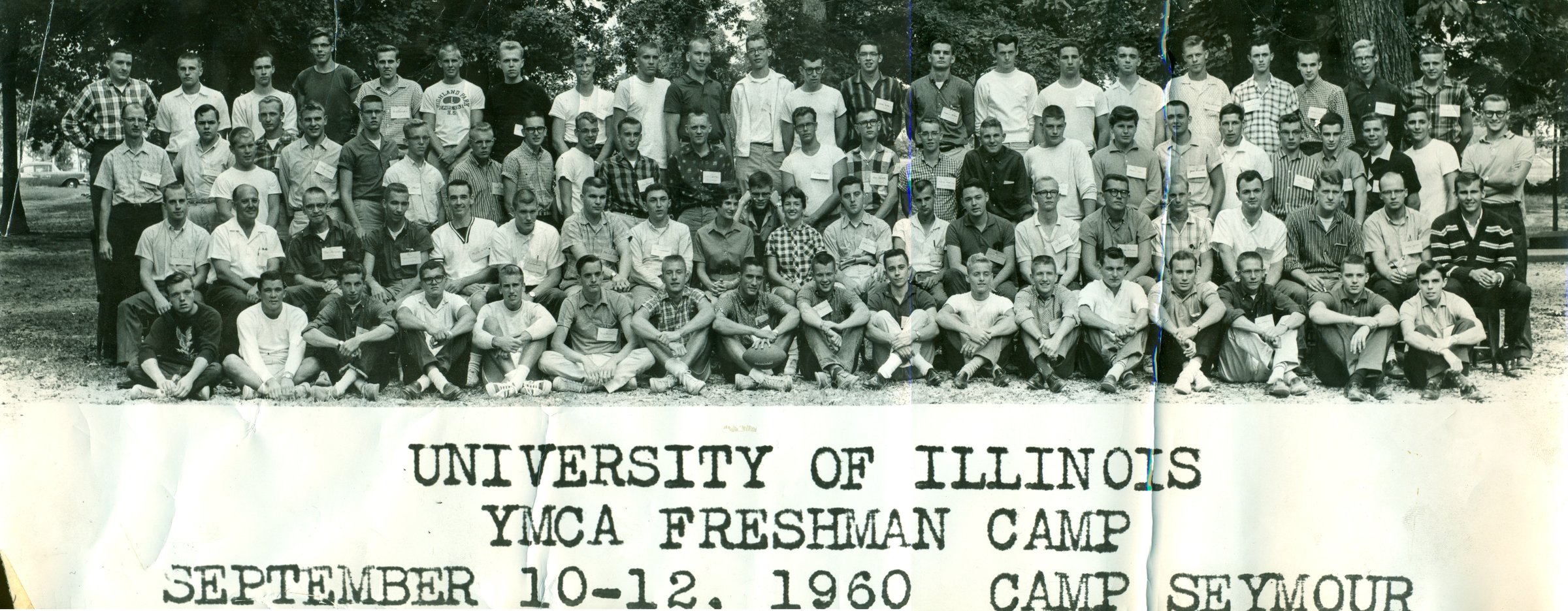 The University of Illinois YMCA Freshman Camp at Camp Seymour, Sept. 10–12, 1960, the year after Fred Miller and Ed Nestingen revived it. Photograph from the University YMCA's files, scanned in two halves and joined.
