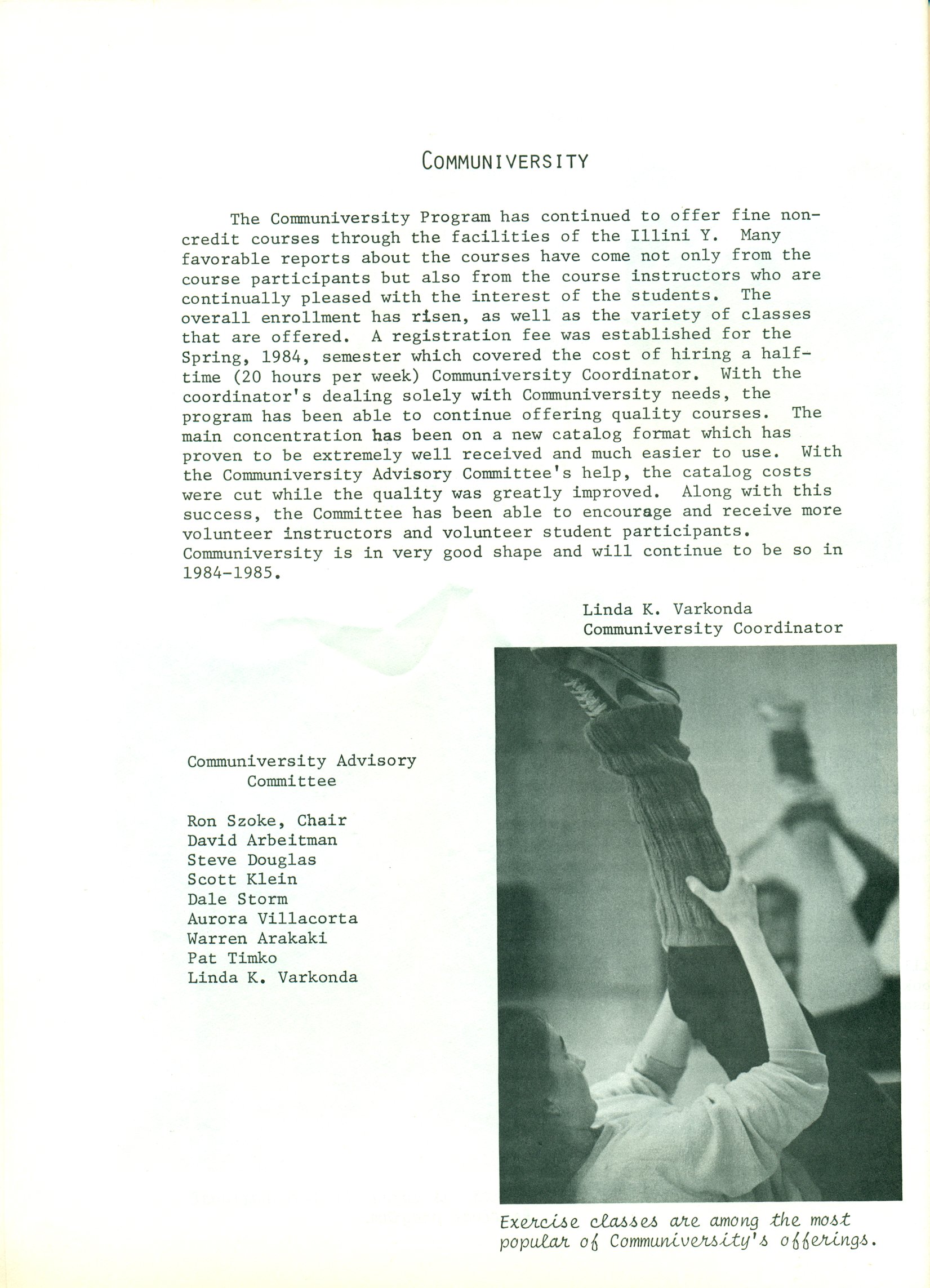 Communiversity's page in the University YMCA's 1983–84 annual report, signed by Linda K. Varkonda, the first half-time Communiversity coordinator, with the members of its advisory committee.