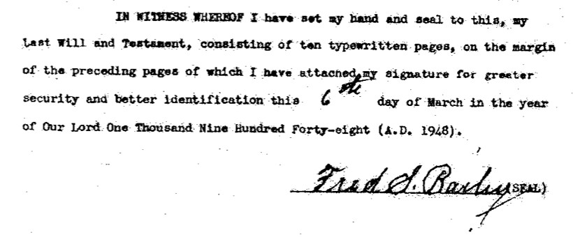 The close of Fred S. Bailey's will, signed in Champaign on March 6, 1948.
