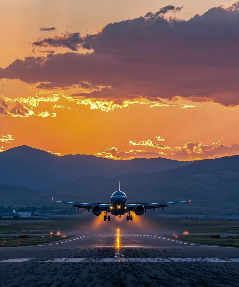 aereo in fase di decollo all'alba, cielo chiaro sopra la pista