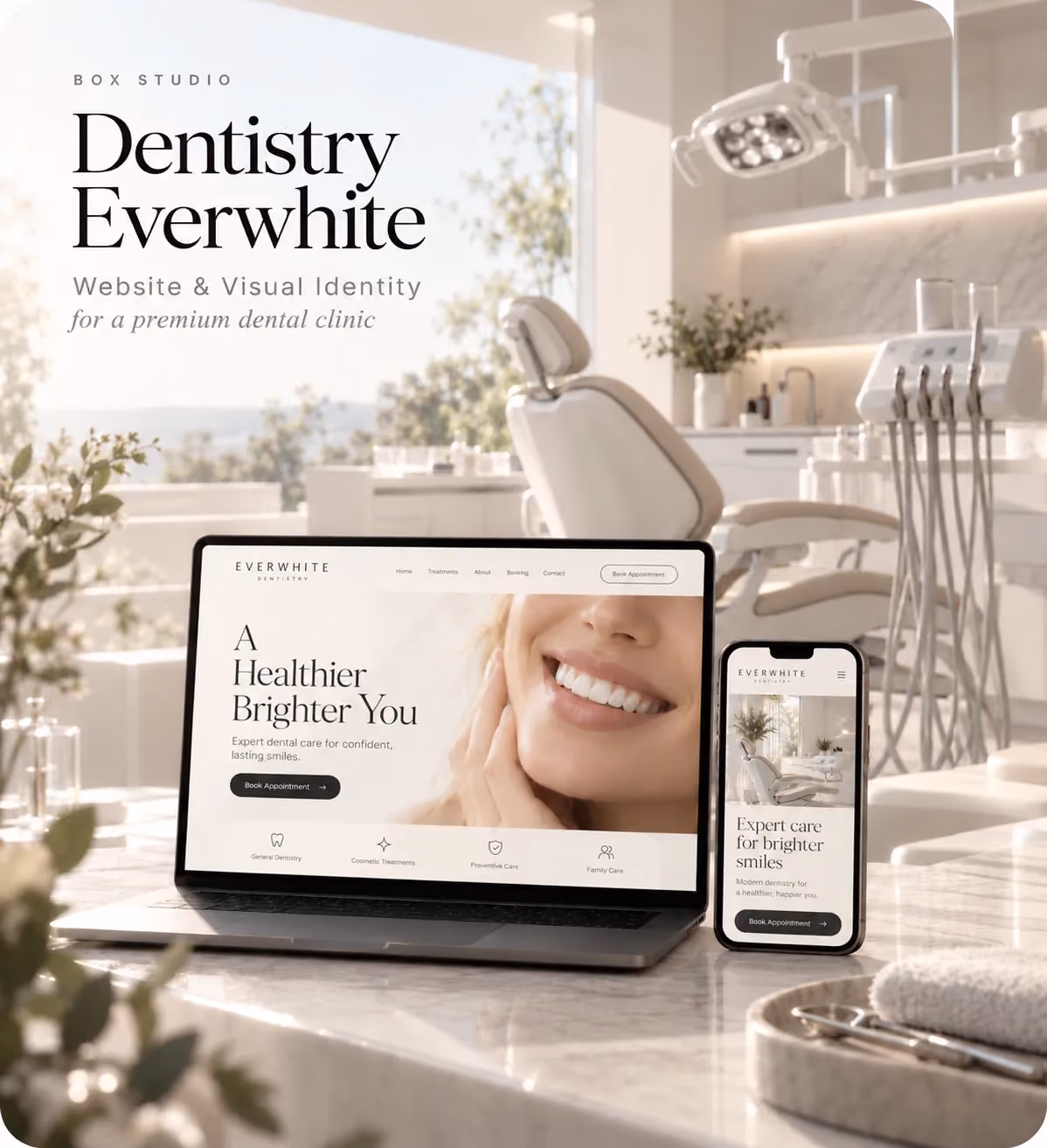 Premium dental clinic website and visual identity for Dentistry Everwhite by Box Studio.