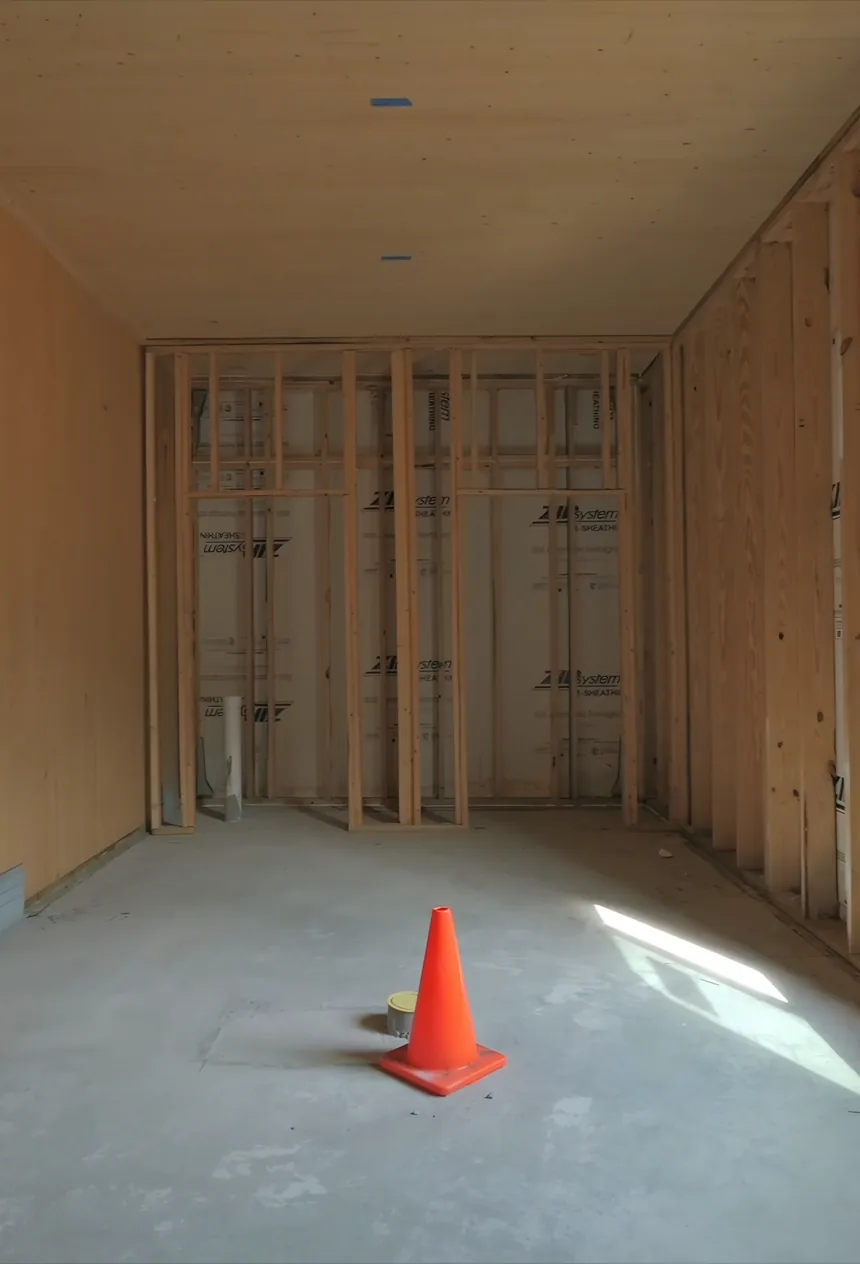 An unfinished apartment with timber walls and ceiling, a large window on the right and an orange cone on the concrete floor.