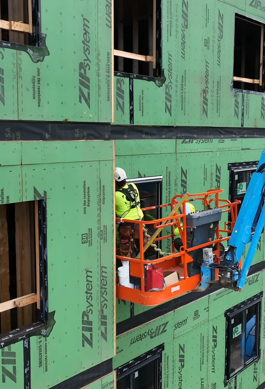 Two workers in a lift basket at a window opening on the building's green-sheathed facade.