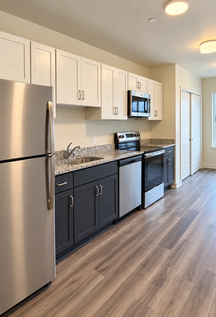 A studio kitchen along one wall, with a stainless refrigerator, range and microwave, and windows across the room.
