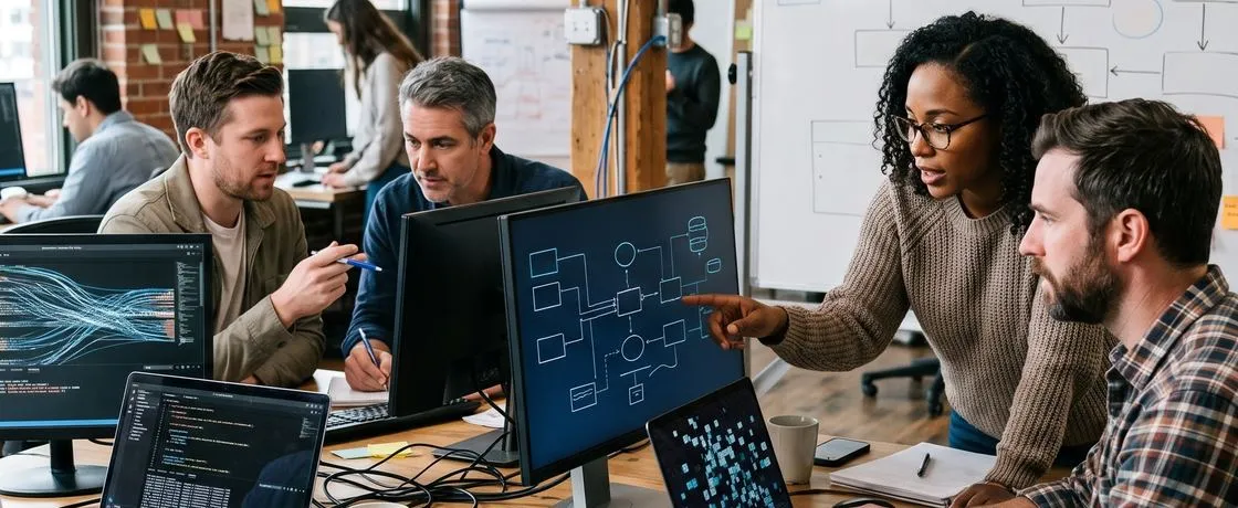 Colleagues reviewing analytics on computer screens in an office