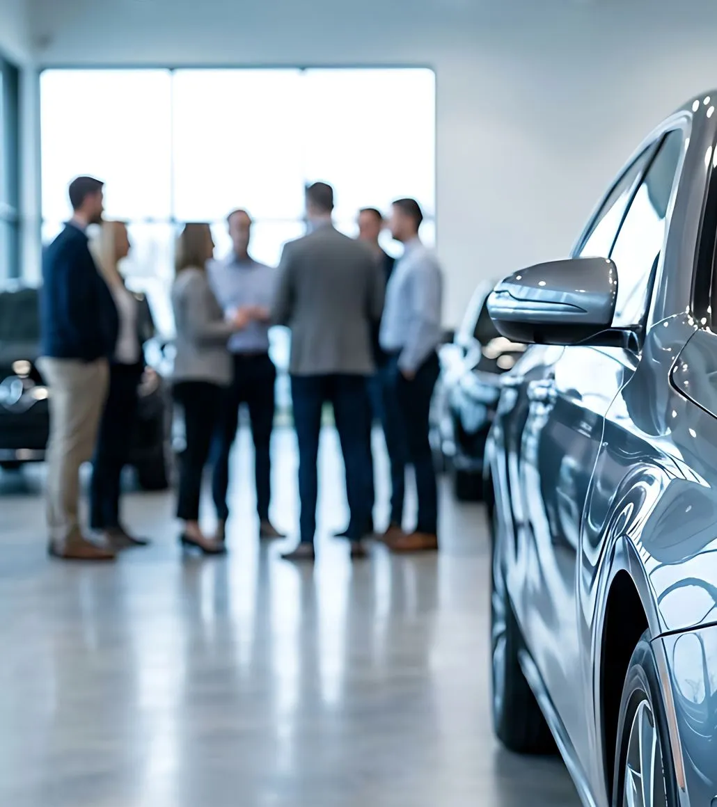 Saleswoman talking with customers in a car dealership showroom