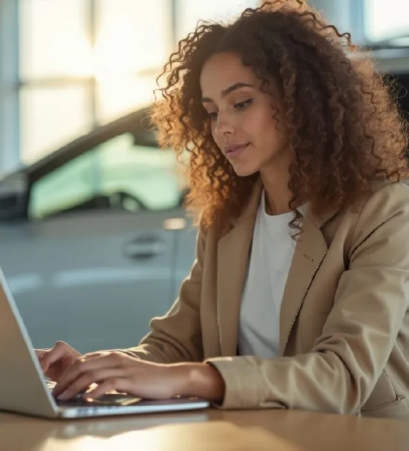 Businesswoman working on a laptop in a car dealership