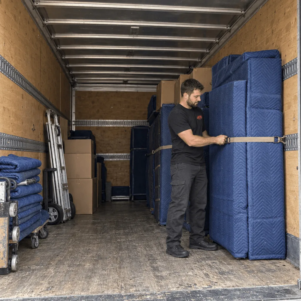 Mover strapping blanket-wrapped furniture inside a moving truck