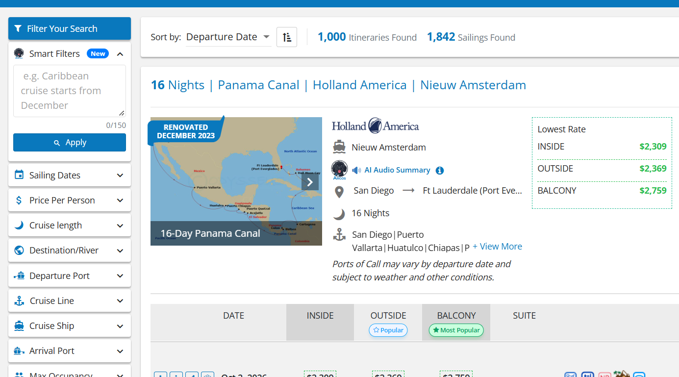 Cruise search results with the Argos Smart Filters box at the top of the filter panel