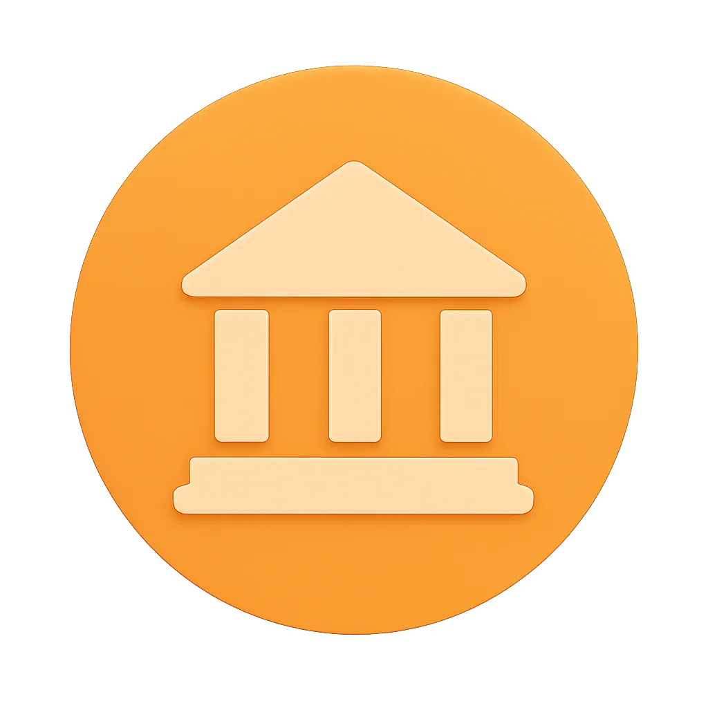 Icon of a classical bank building with three pillars inside an orange circle.